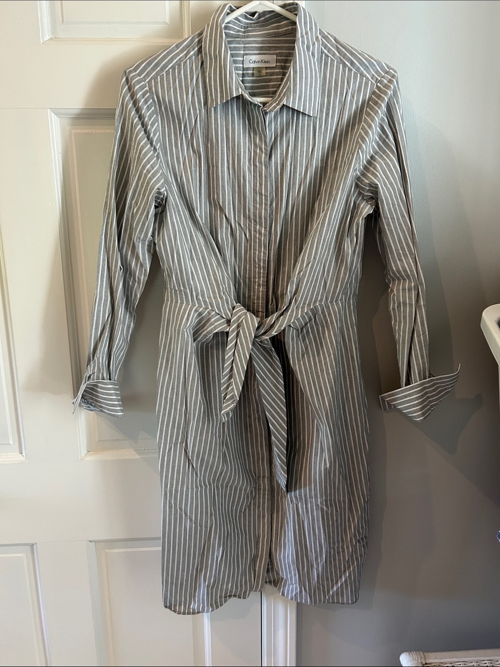 Calvin Klein Gray and White Striped Tie-Waist Shirt Dress